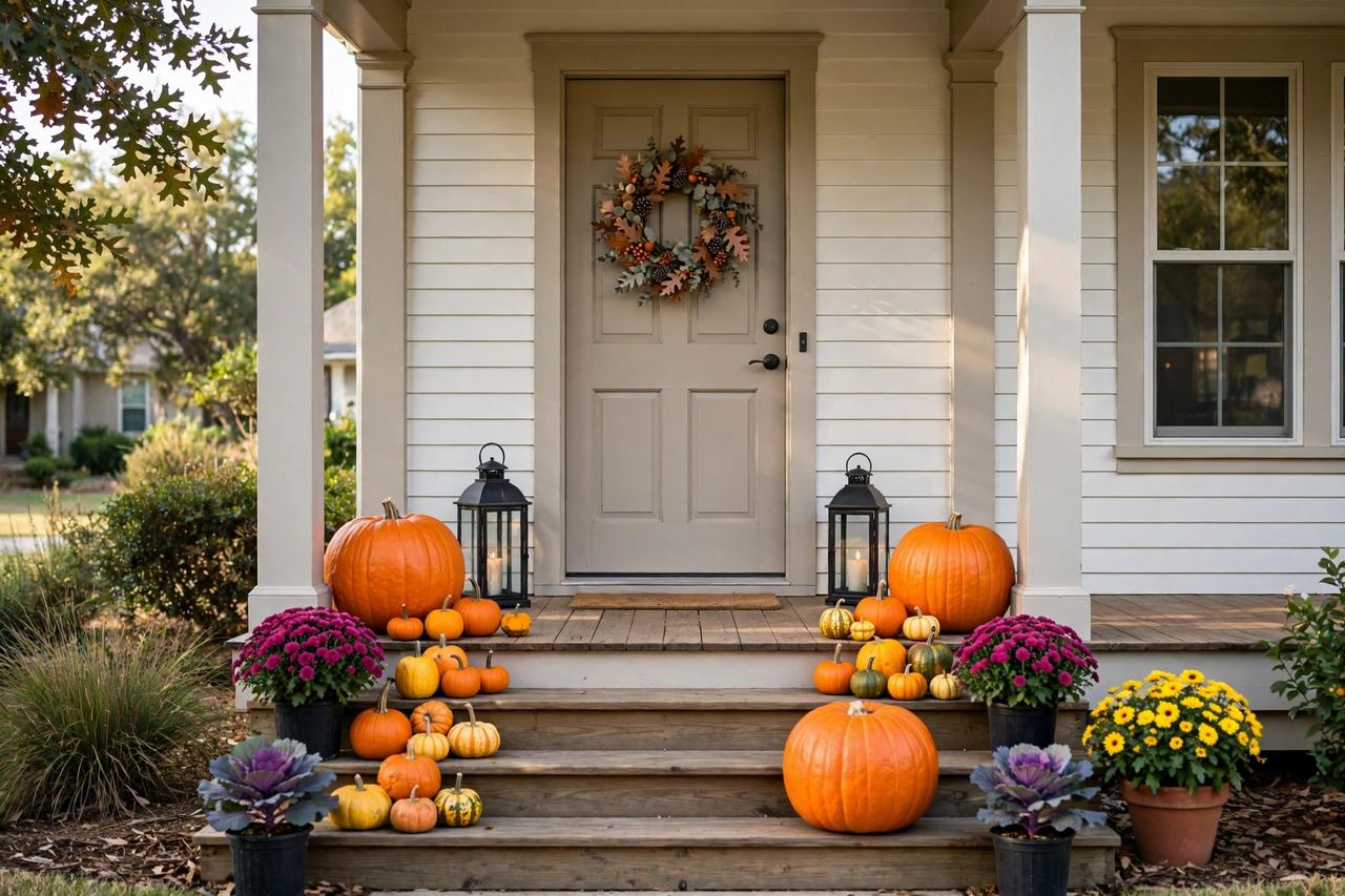 Bold Bloom porch with magenta mums, purple ornamental cabbage, and bright orange pumpkins