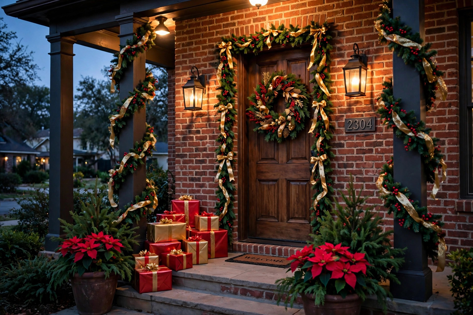 Classic Christmas holiday porch with red and green décor
