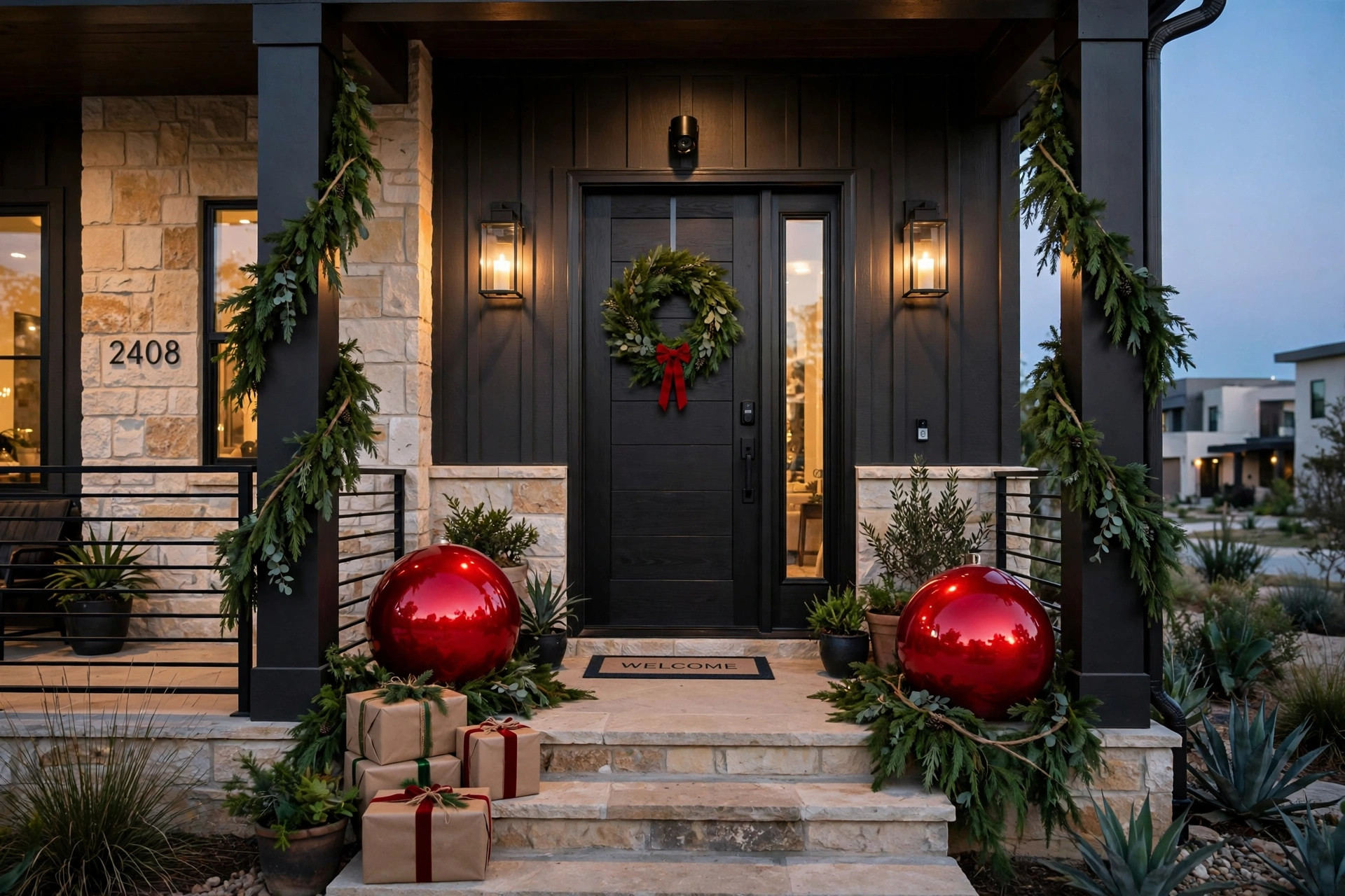 Merry & Bright holiday porch with oversized bows, bells, ornaments, and gift boxes