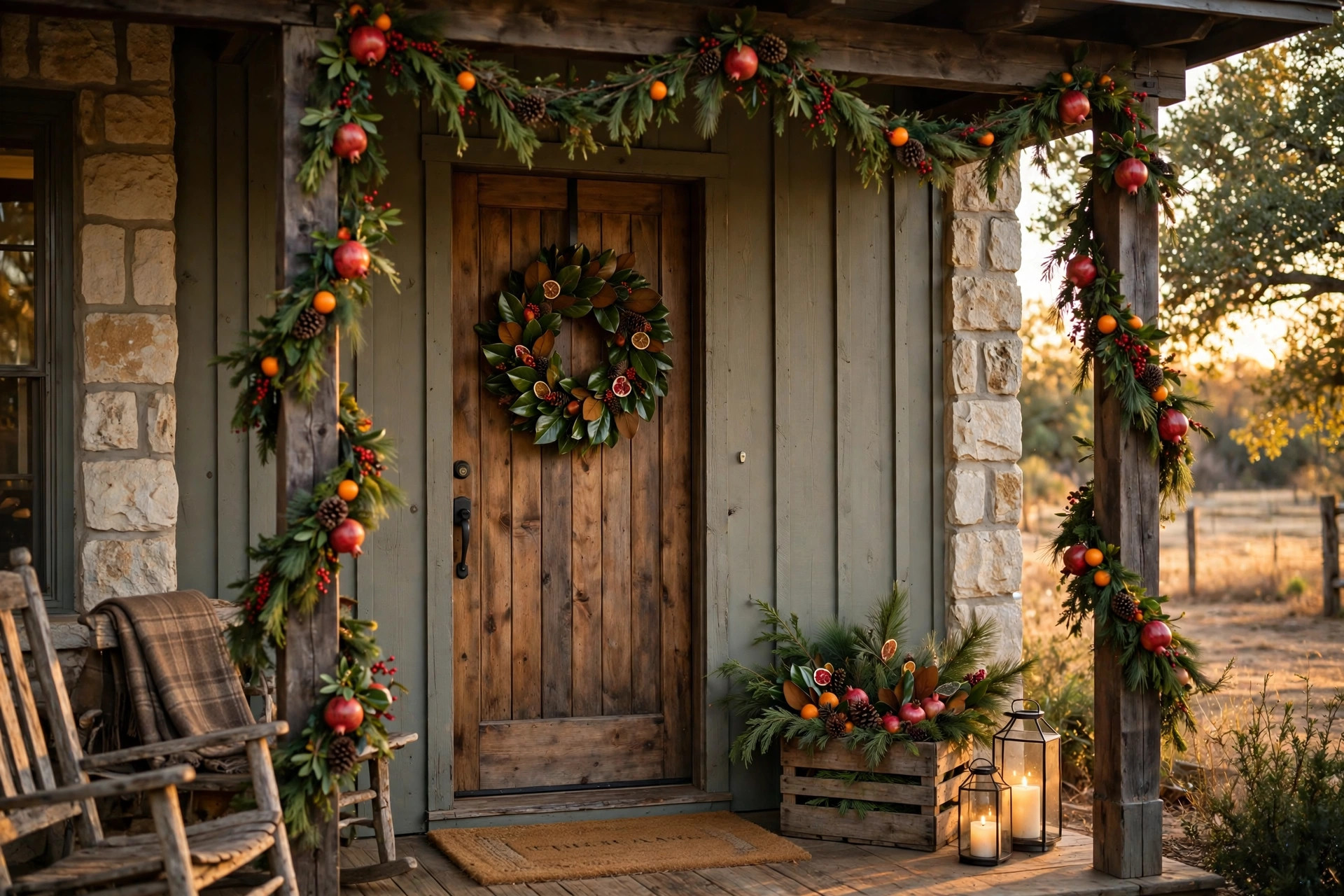Rustic Woodland holiday porch with evergreens, pinecones, and warm lights