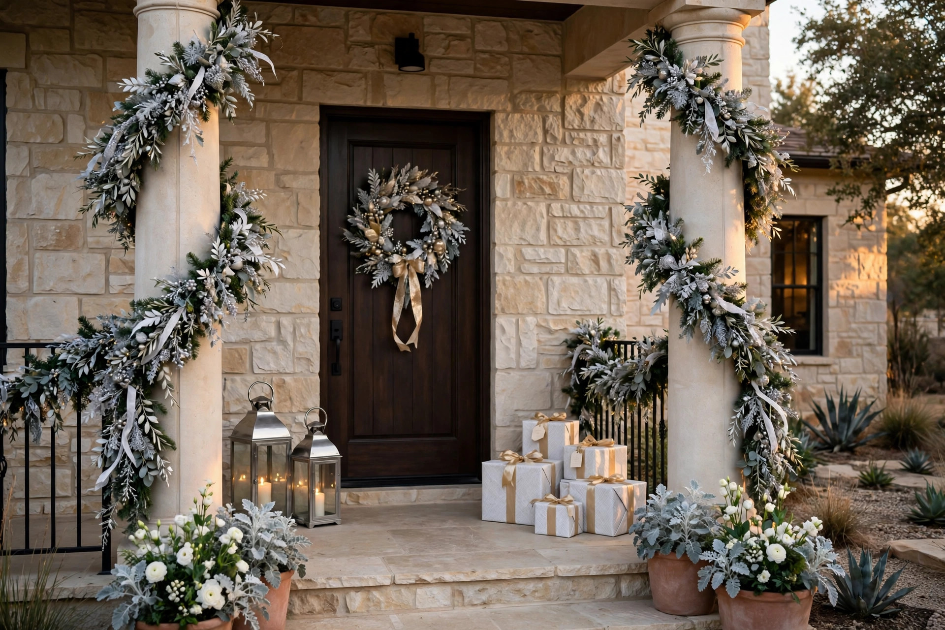 Winter Monochrome holiday porch with whites, silvers, champagne, and gold