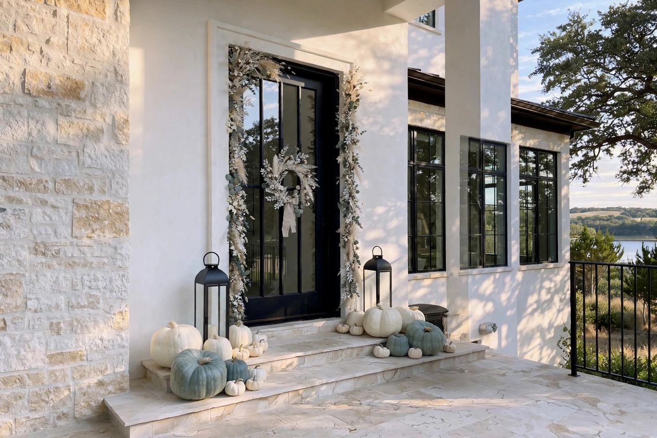 Modern Monochrome entry with ivory and blue-green pumpkins, black lanterns, and a dried botanical garland