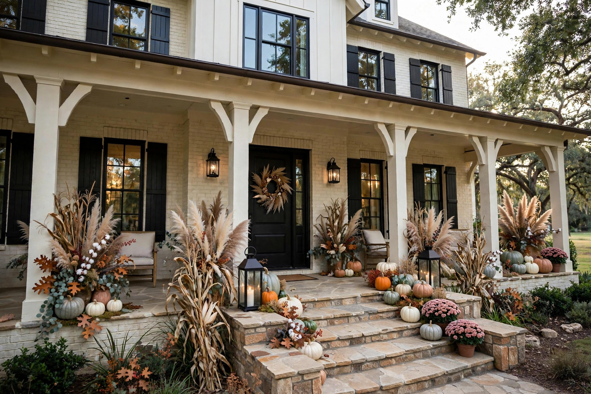 Muted Harvest porch with pale pumpkins, dried botanicals, and soft neutral tones