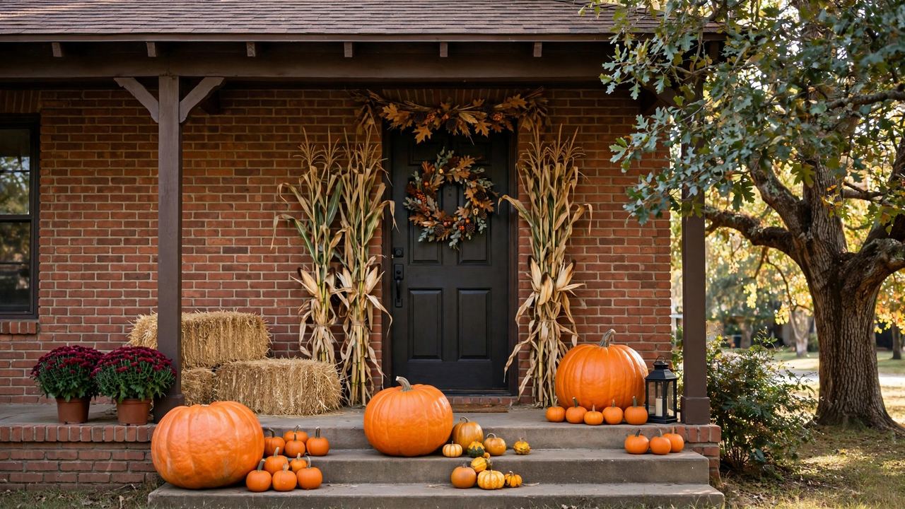 Traditional fall porch with corn stalks, hay bales, orange pumpkins, and burgundy mums